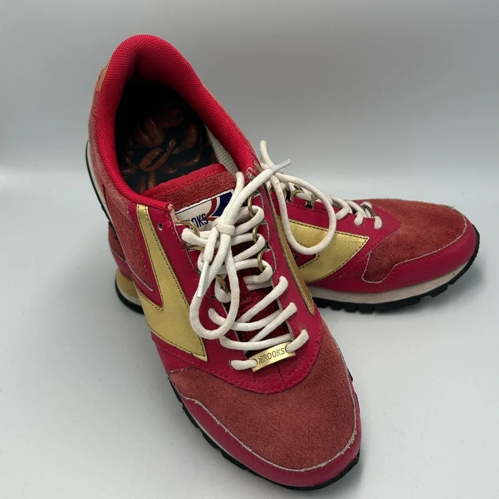 Brooks Heritage Chariot Red Gold Suede Sneaker Coffee Womens 10 Vintage Metallic